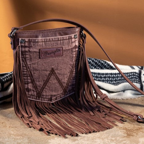 Wrangler Light Coffee Leather Fringe Denim Pocket Crossbody Bag