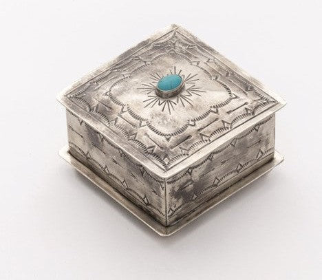 J. Alexander Rustic Silver Square Stamped Box with Turquoise