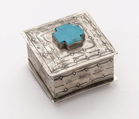 J. Alexander Rustic Silver Turquoise Cross Square Stamped Box