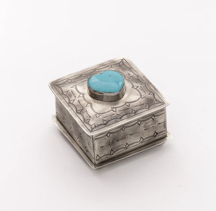 J. Alexander Rustic Silver Stamped with Turquoise Heart Square Box