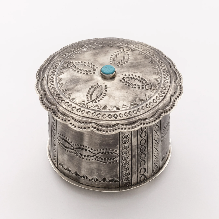 J. Alexander Rustic Silver Stamped with Turquoise Round Box