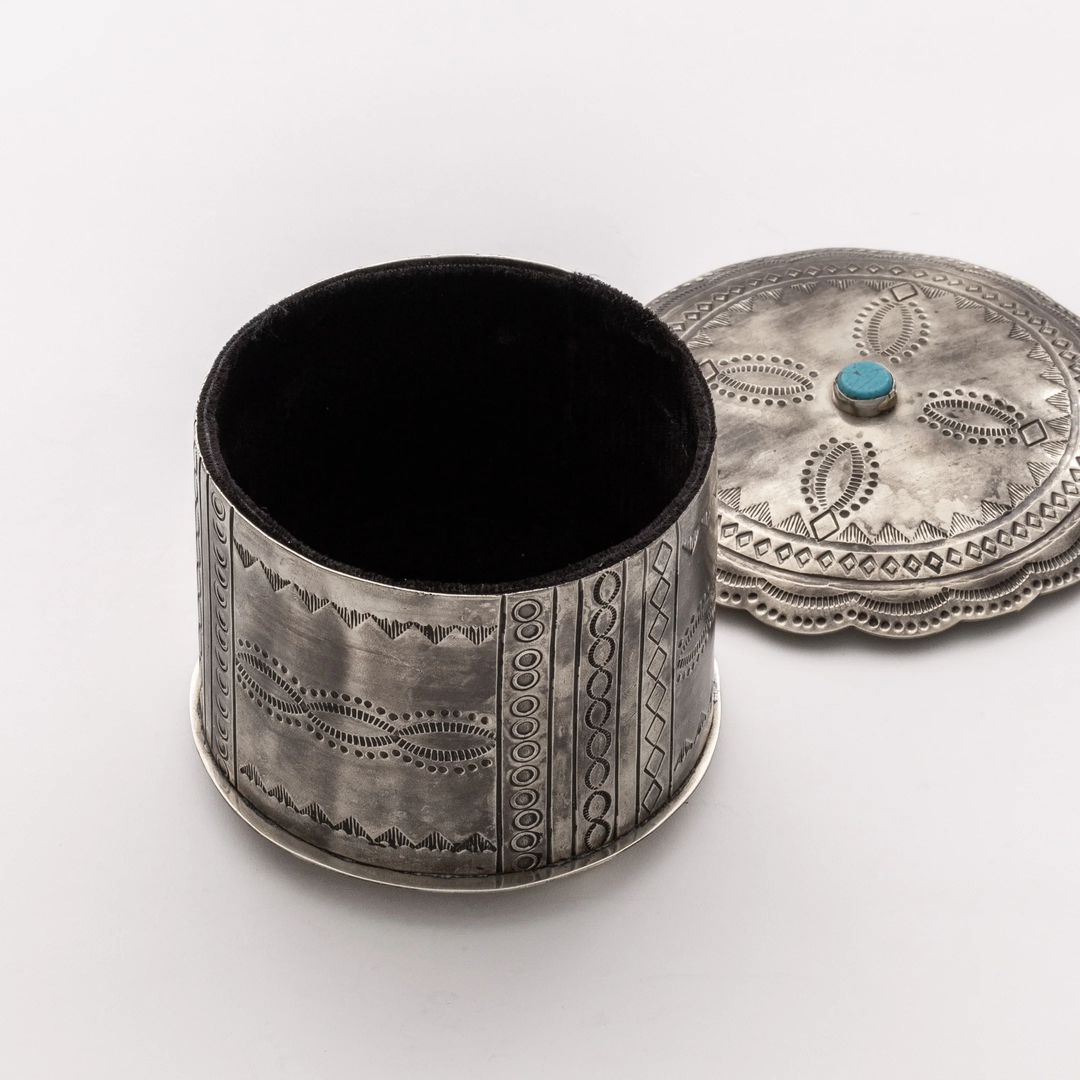 J. Alexander Rustic Silver Stamped with Turquoise Round Box