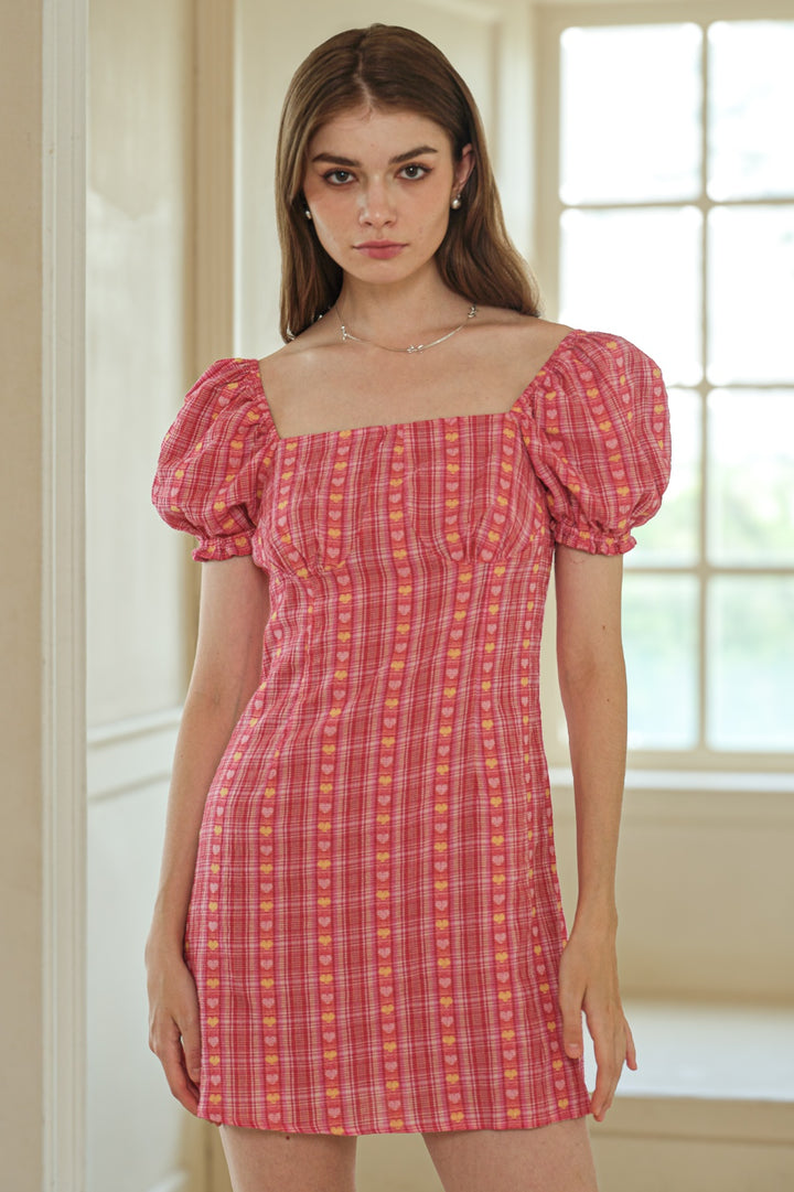 Rosie Posie Women's Pink and Yellow Heart Puff Sleeve Dress
