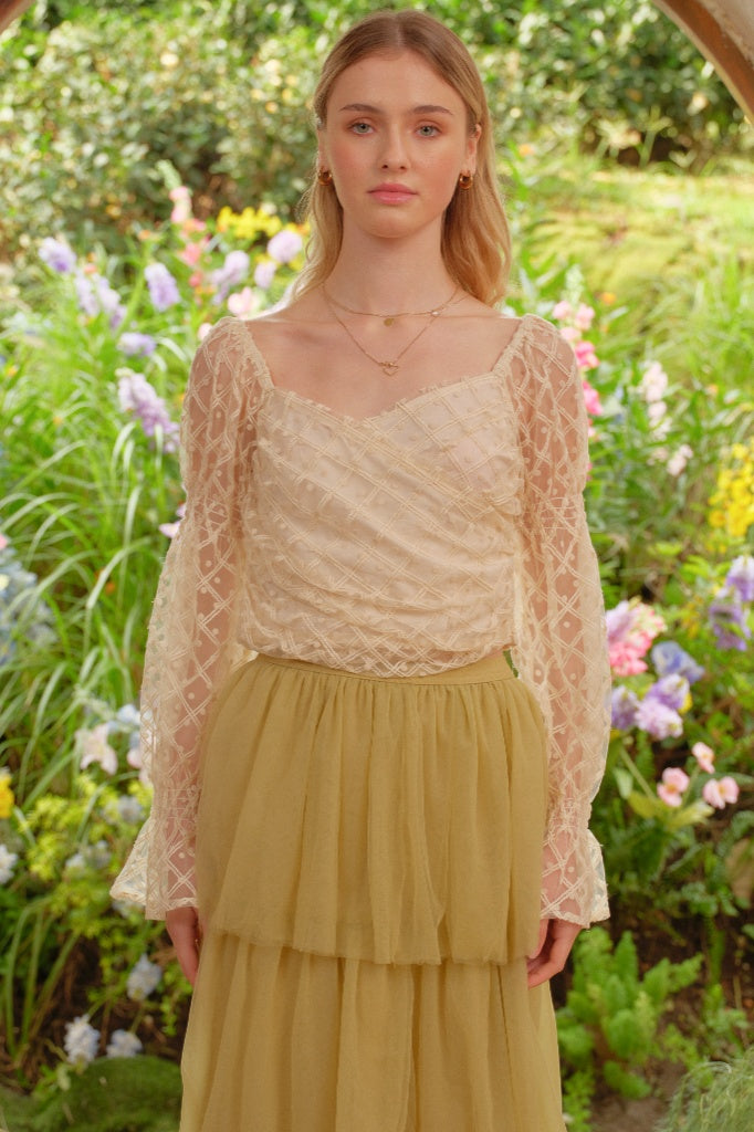 Rosie Posie Women's Ivory Lace Sheer Sleeve Top