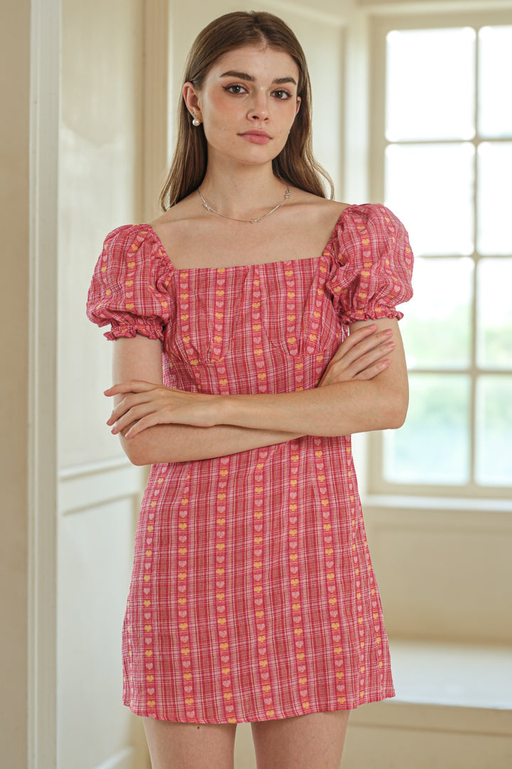 Rosie Posie Women's Pink and Yellow Heart Puff Sleeve Dress