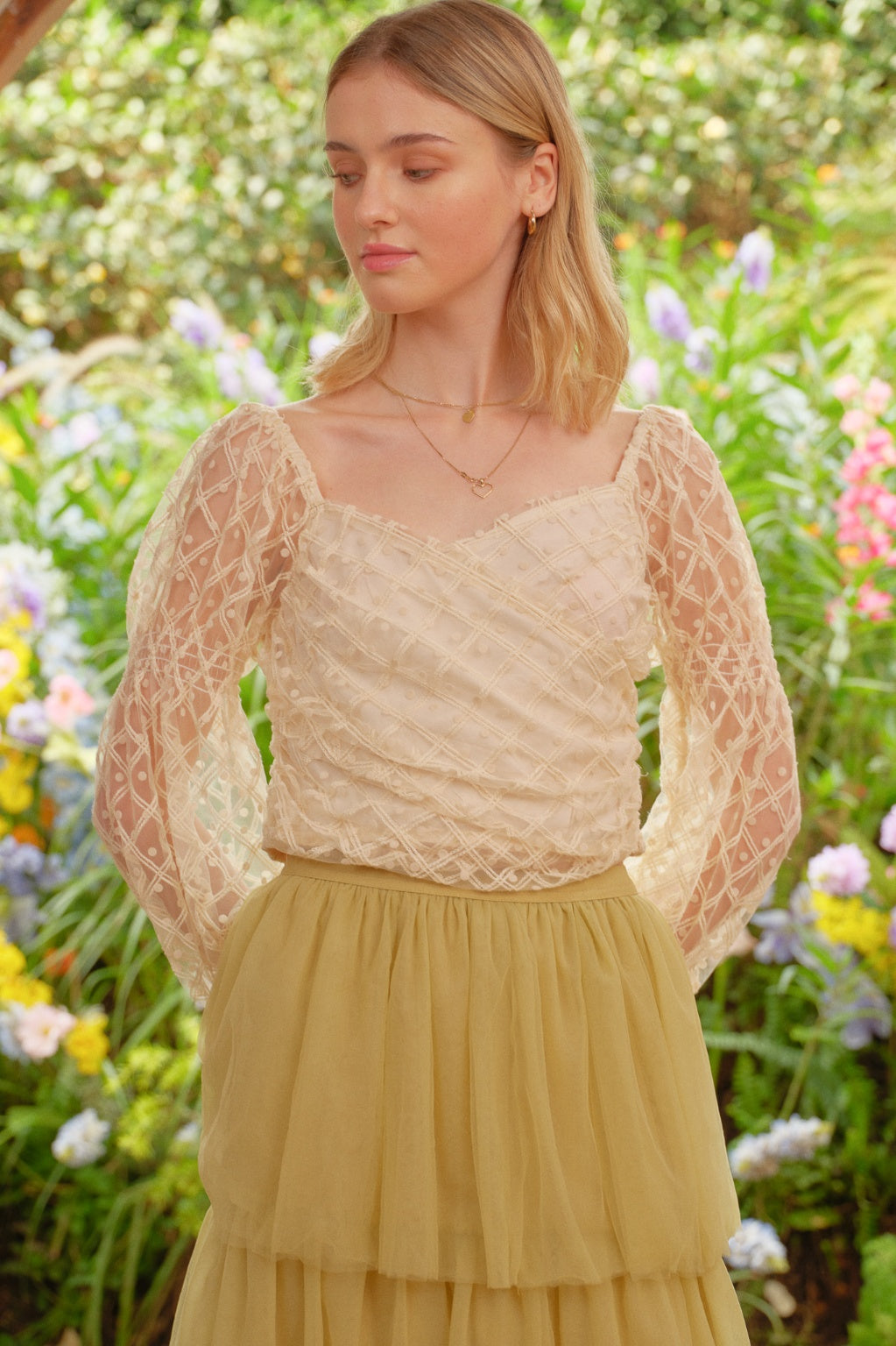 Rosie Posie Women's Ivory Lace Sheer Sleeve Top