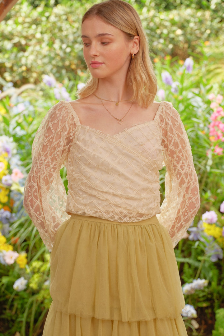Rosie Posie Women's Ivory Lace Sheer Sleeve Top