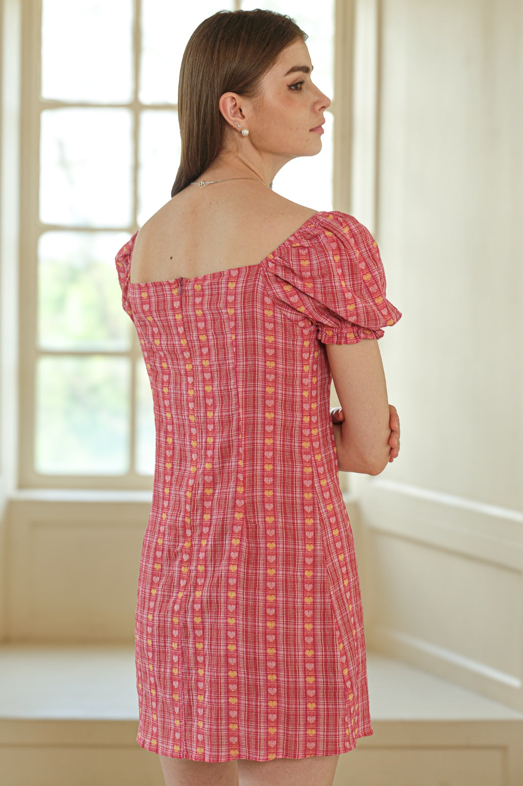 Rosie Posie Women's Pink and Yellow Heart Puff Sleeve Dress