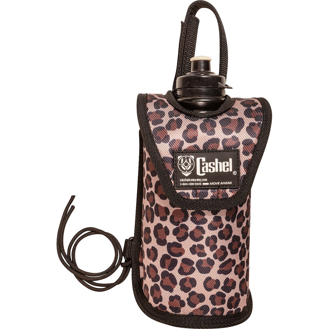 Cashel saddle bag water bottle holder attached to a horse saddle, made of durable material with a secure strap for outdoor riding.