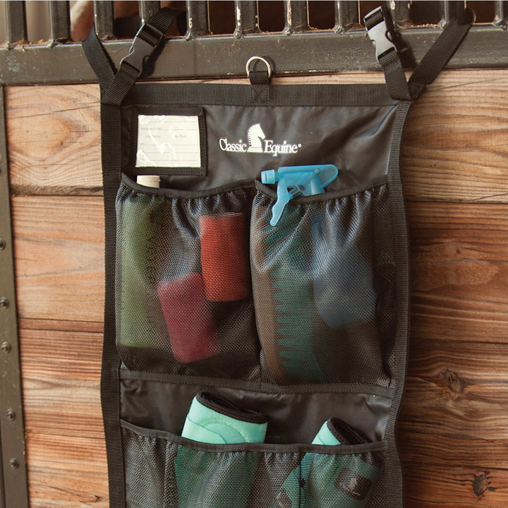 Classic Equine stall front grooming bag with multiple compartments, designed for organizing equine grooming supplies.