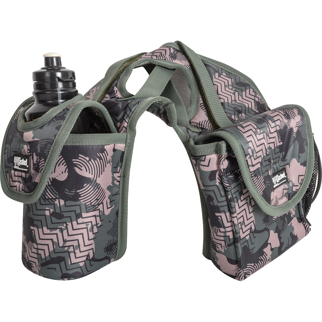 Cashel saddle bag with bottle and lunch holder, made of durable horn material, designed for convenient horse riding storage.