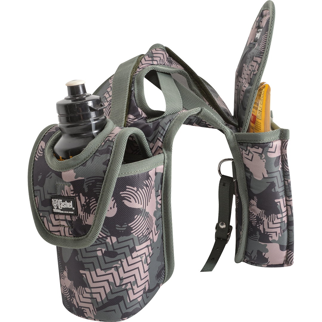 Cashel saddle bag with bottle and lunch holder, durable horn-shaped leather pouch for outdoor or riding use.