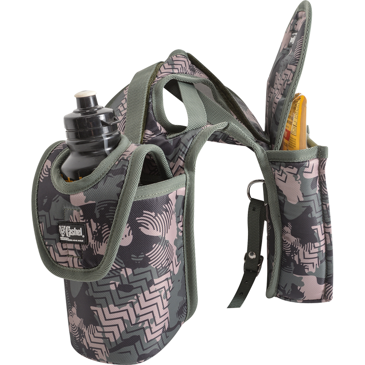 Cashel saddle bag with bottle and lunch holder, durable horn-shaped leather pouch for outdoor or riding use.