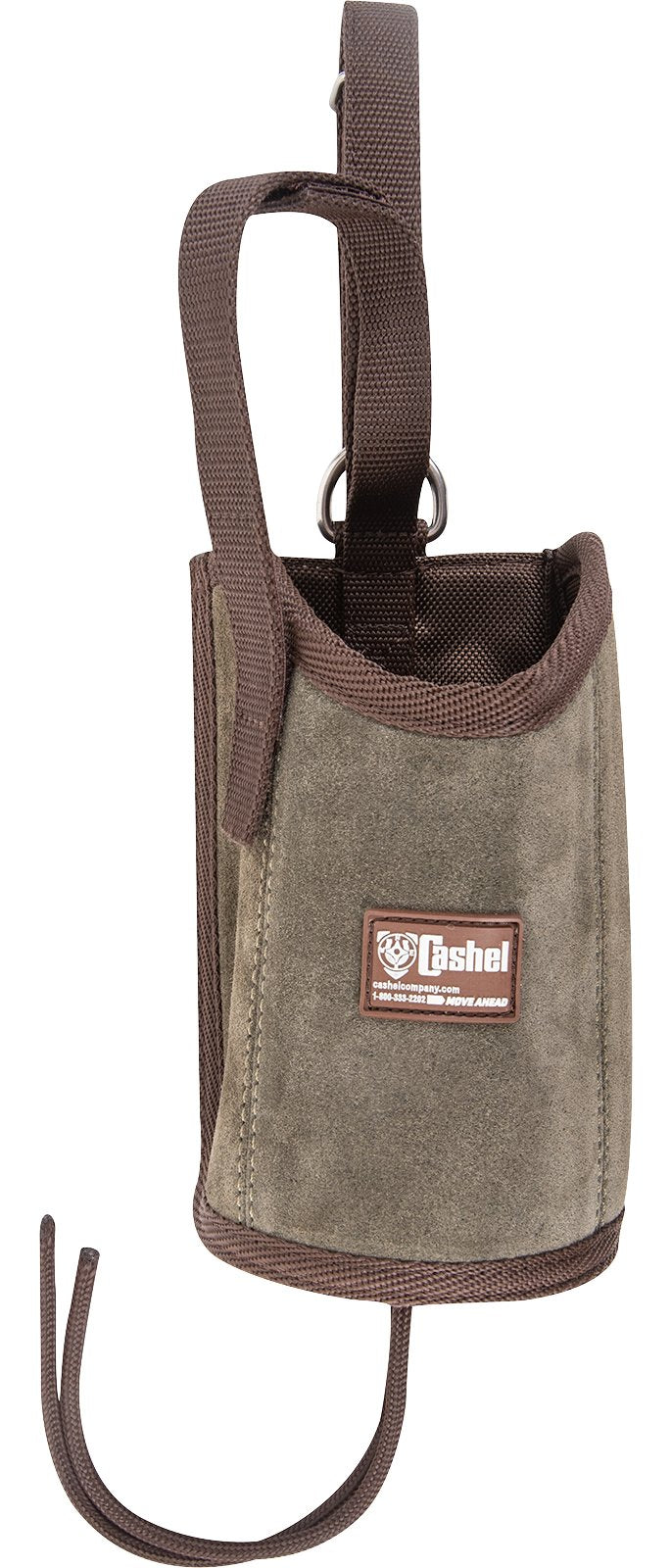 Cashel saddle bag water bottle holder attached to a horse saddle, made of durable material for easy hydration on rides.