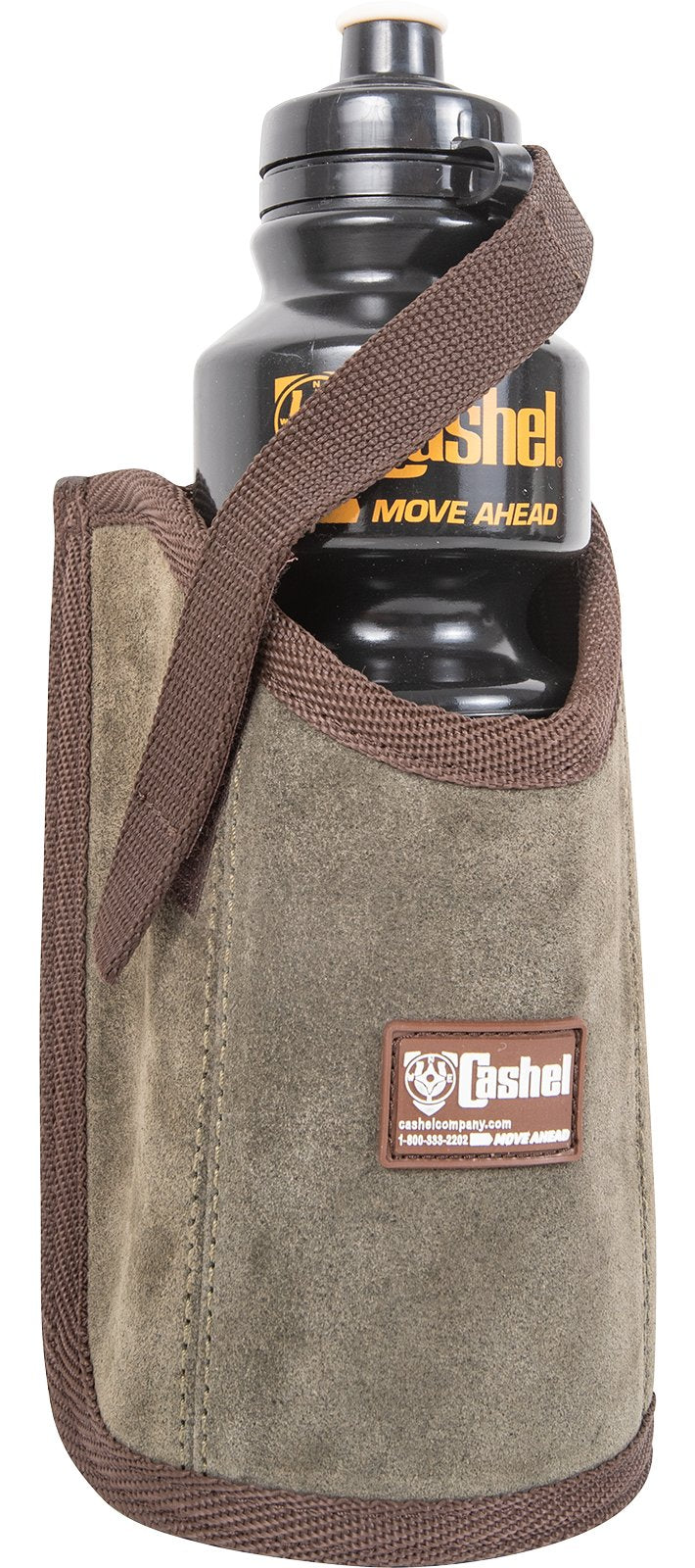 Cashel saddle bag water bottle holder attached to a horse saddle, designed for easy access during riding or outdoor activities.