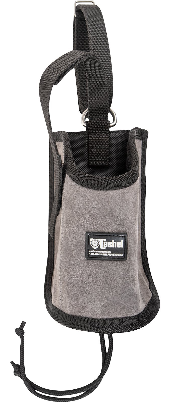 Cashel saddle bag water bottle holder attached to a horse saddle, featuring durable black nylon construction and adjustable straps.