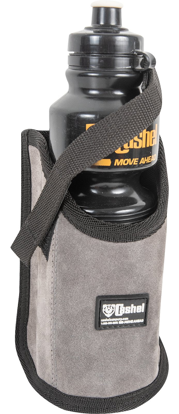 Cashel saddle bag water bottle holder attached to horse saddle, black leather with adjustable strap for secure hydration storage.