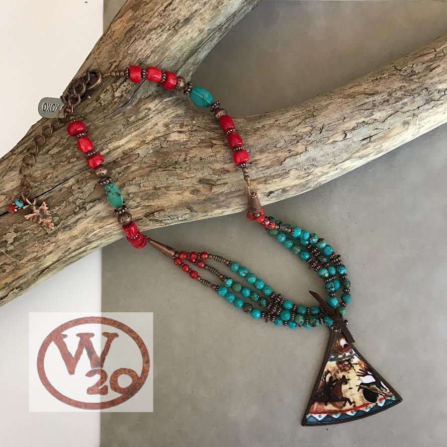 Turquoise and Red Beaded Necklace with Teepee Pendant - West 20 Saddle Co.