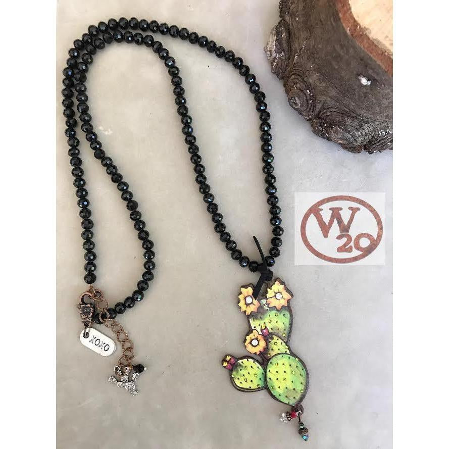 Long Black Czech Crystal Necklace With Cactus Pendant - West 20 Saddle Co.