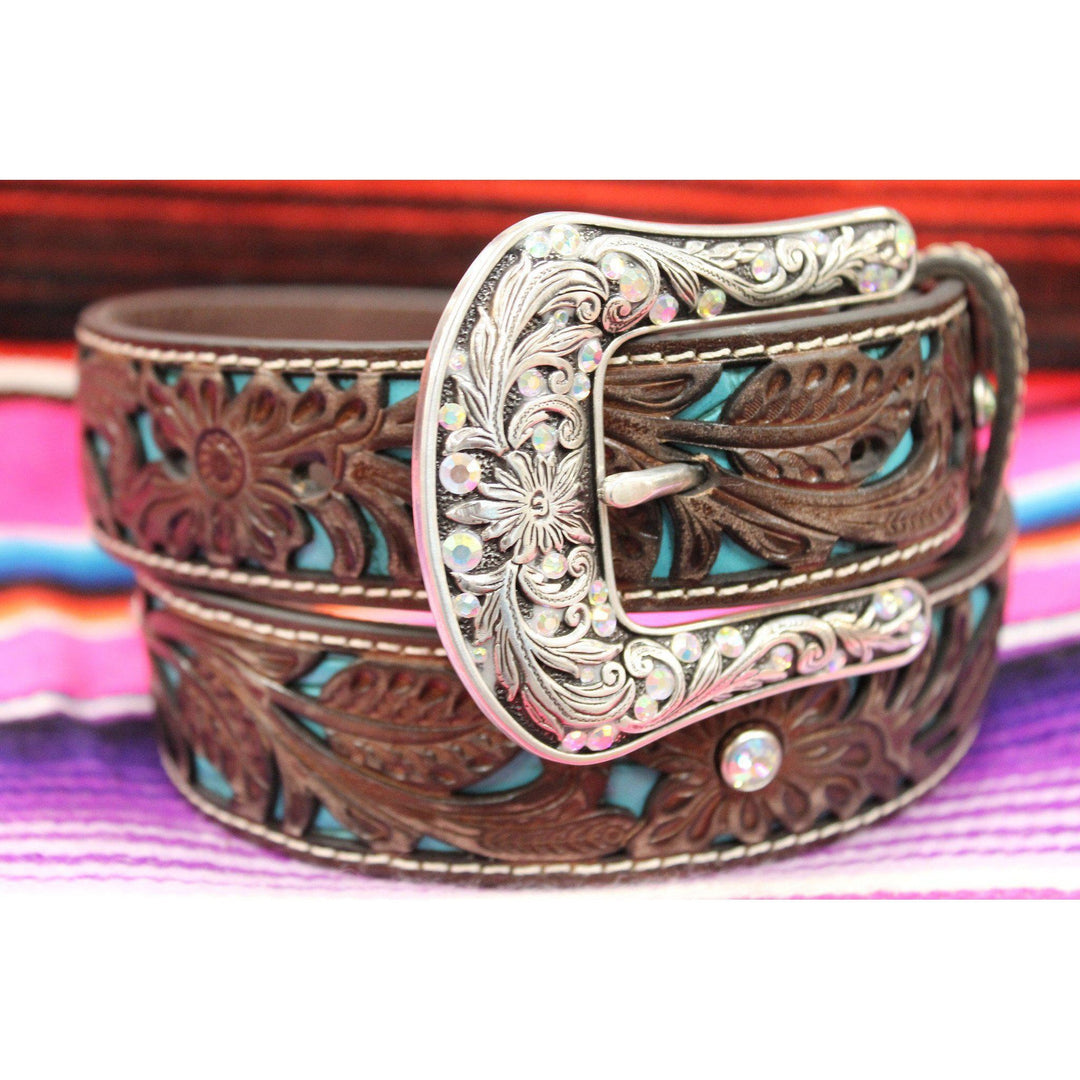 Women's Ariat Floral Embossed Belt with Rhinestone and Turquoise Inlay - West 20 Saddle Co.