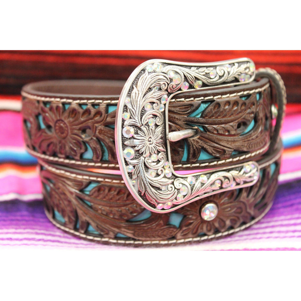 6177 Women\'s Floral Pierced Leather Turquoise Underlay Belt, Tan ariat-womens-floral-pierce-  main image 4
