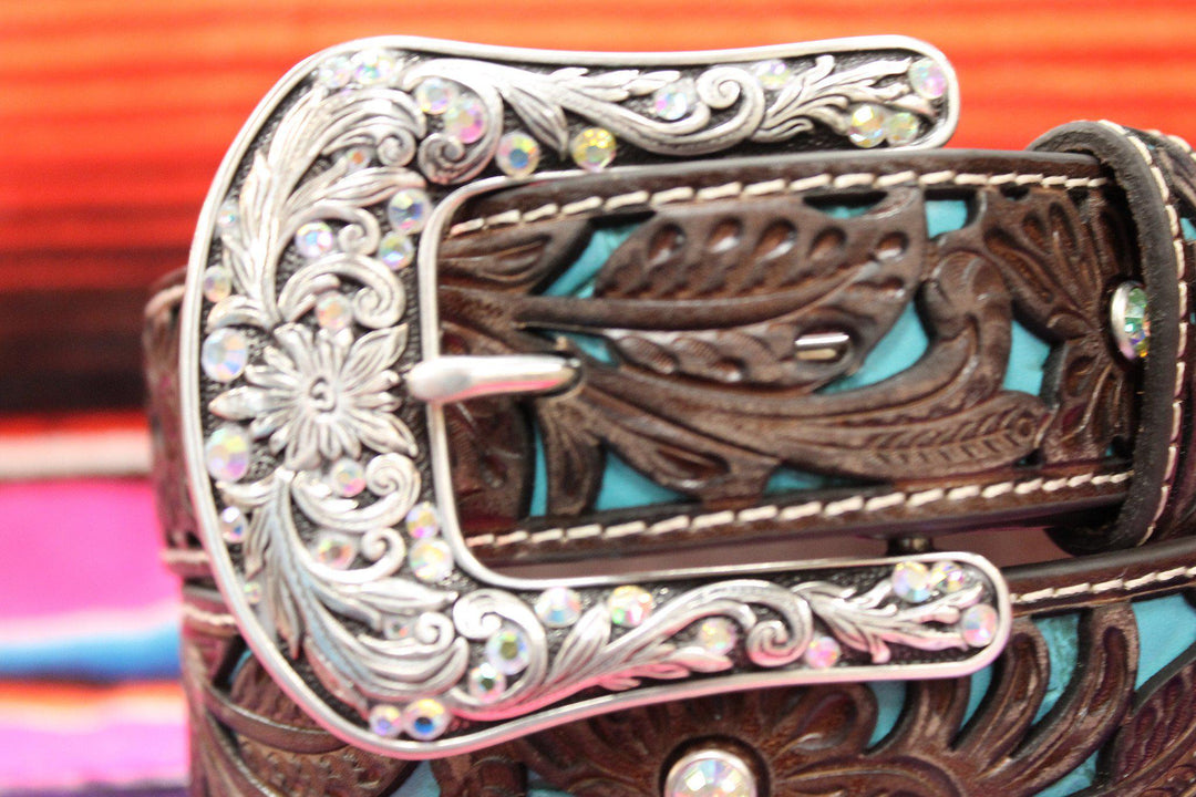 Women's Ariat Floral Embossed Belt with Rhinestone and Turquoise Inlay - West 20 Saddle Co.