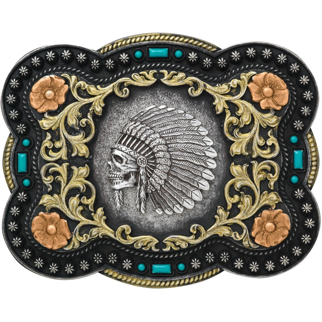 M&F Western Antiqued Silver Chief Skull with Floral Scroll Belt Buckle