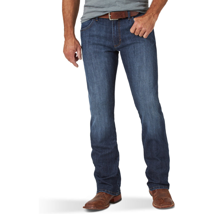 Wrangler men's retro slim fit bootcut jeans in bronc color, showcasing front view with classic denim styling and contrast stitching.