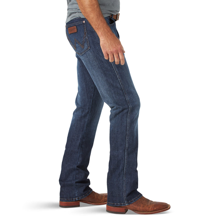 Wrangler men's retro slim fit bootcut jeans in bronc denim, showcasing classic five-pocket design and vintage style.