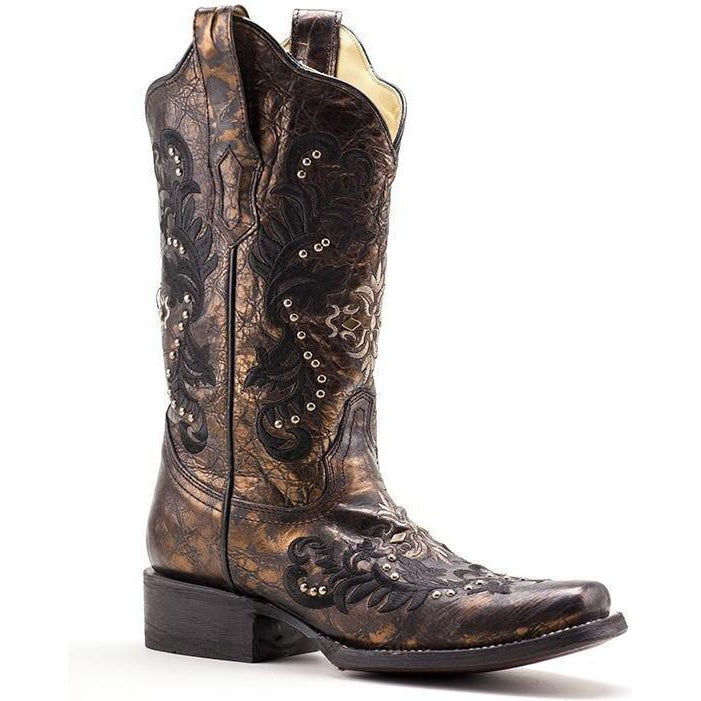 Corral Boots Square Toe Black & Bronze Embroidery with Studs- R1234 - West 20 Saddle Co.