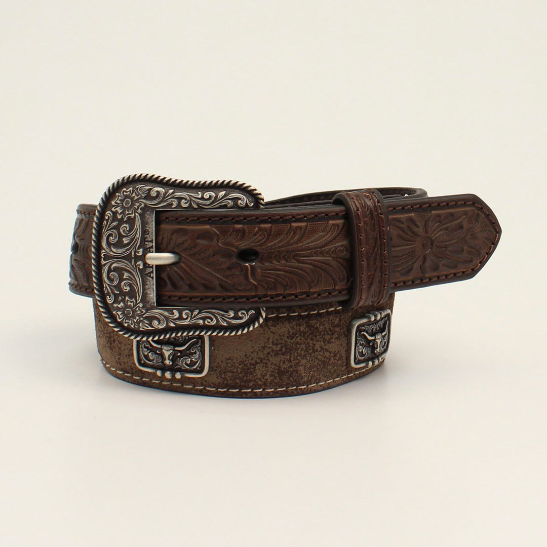 Ariat Youth Brown Floral Tooled Belt with Longhorn Conchos