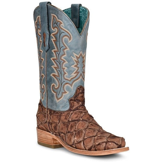 Corral Women's Brown and Blue Pirarucu Fish Cowboy Boot