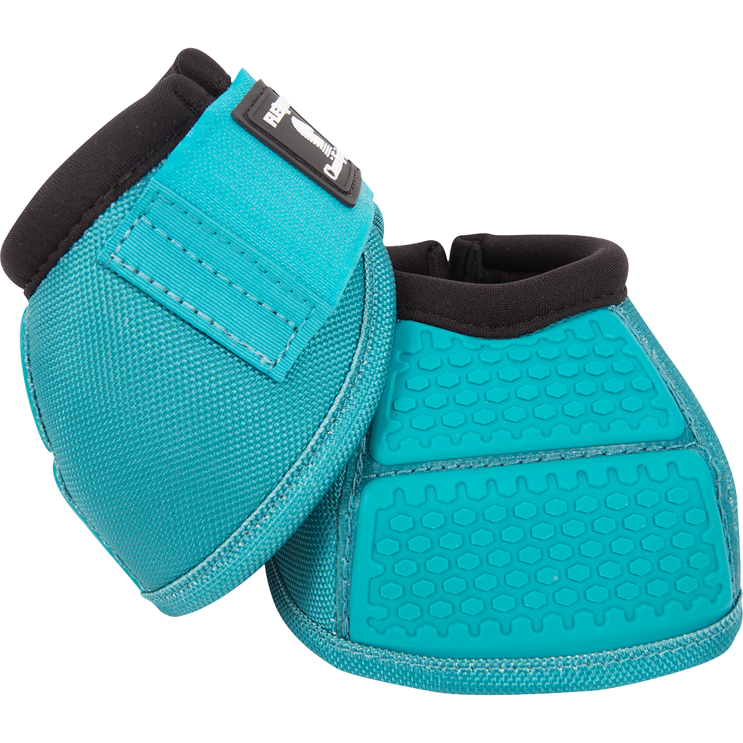 Classic Equine Classic Flexion No Turn Bell Boot in aqua, showing durable rubber outer and secure Velcro straps for horse protection