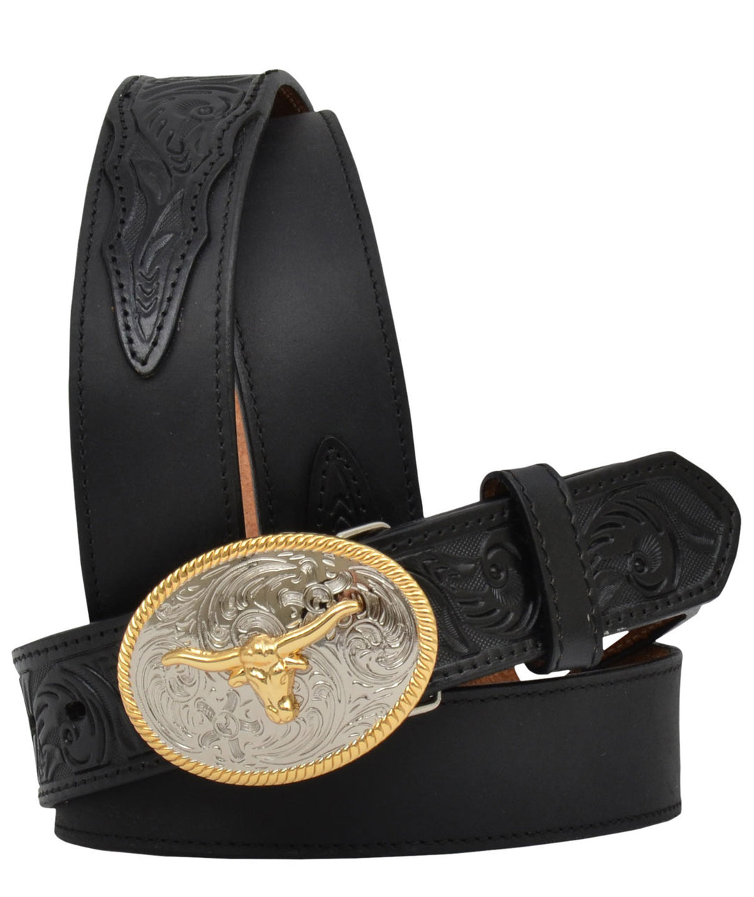 M & F Western Youth Black Belt with Longhorn Buckle