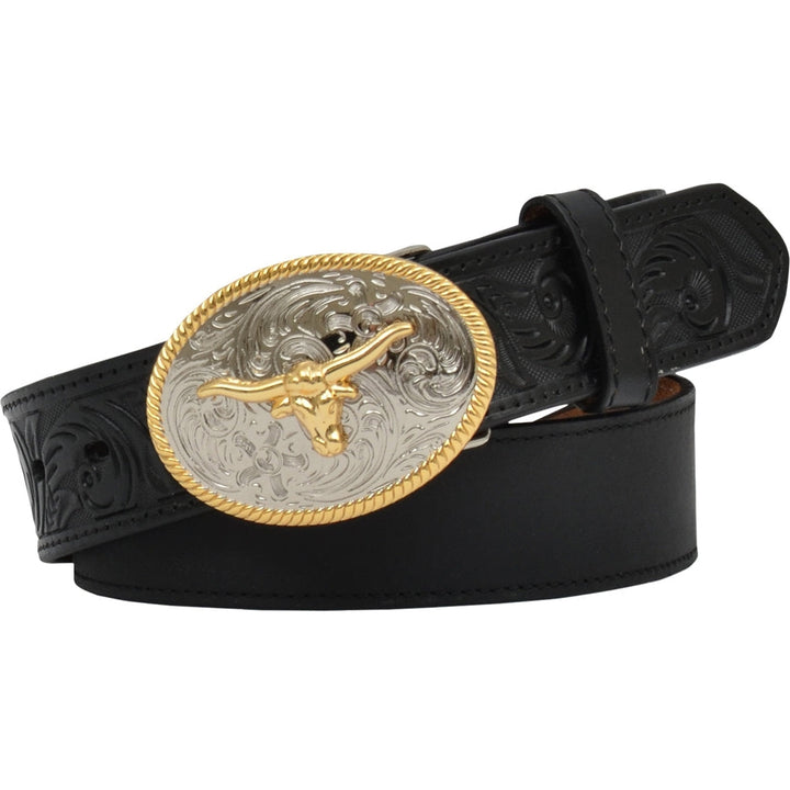 M & F Western Youth Black Belt with Longhorn Buckle