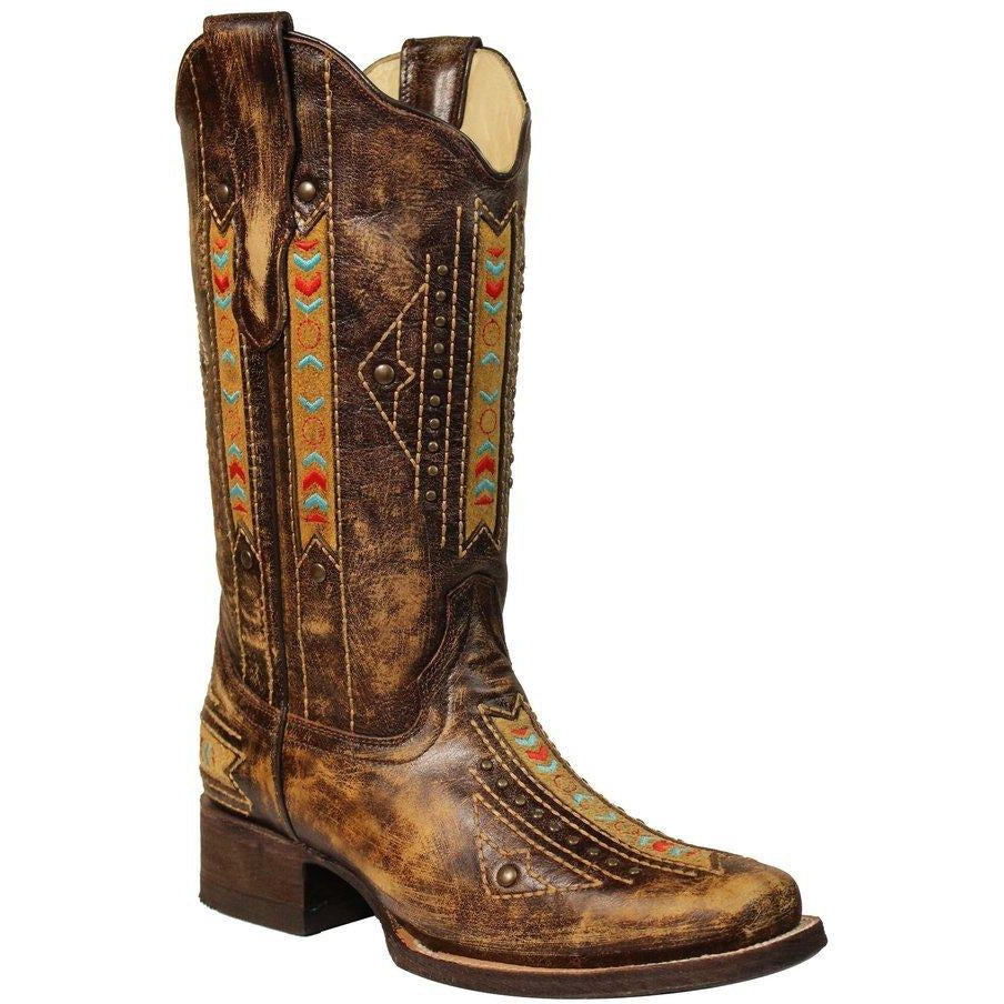 Corral Boots Cognac Ethnic Embroidery & Inlay with Stud Boots E1185 - West 20 Saddle Co.
