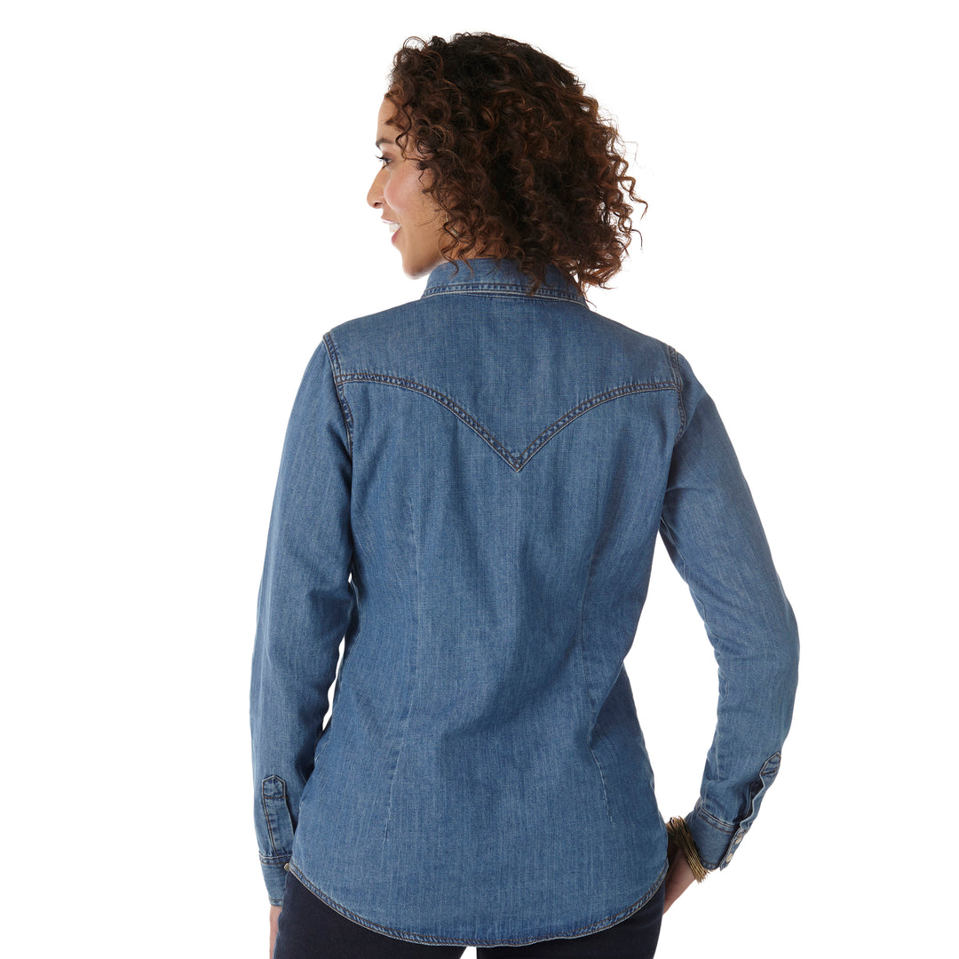 Wrangler Women's Long Sleeve Denim Snap Shirt-Mid Wash