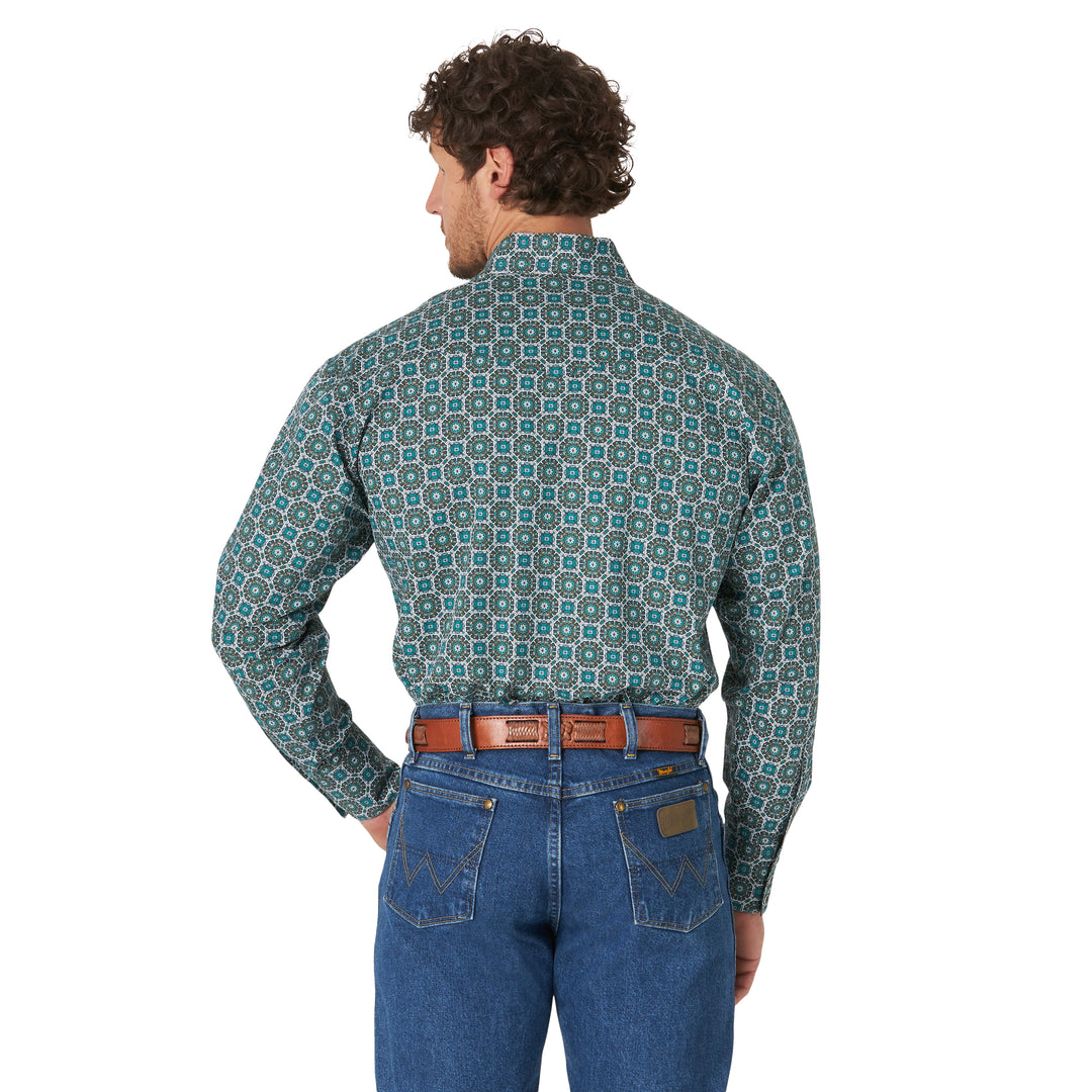 Wrangler Men's George Strait Troubadour Long Sleeve Shirt-Turquoise/Green