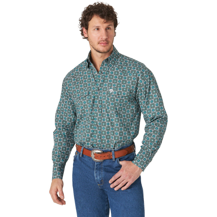 Wrangler Men's George Strait Troubadour Long Sleeve Shirt-Turquoise/Green