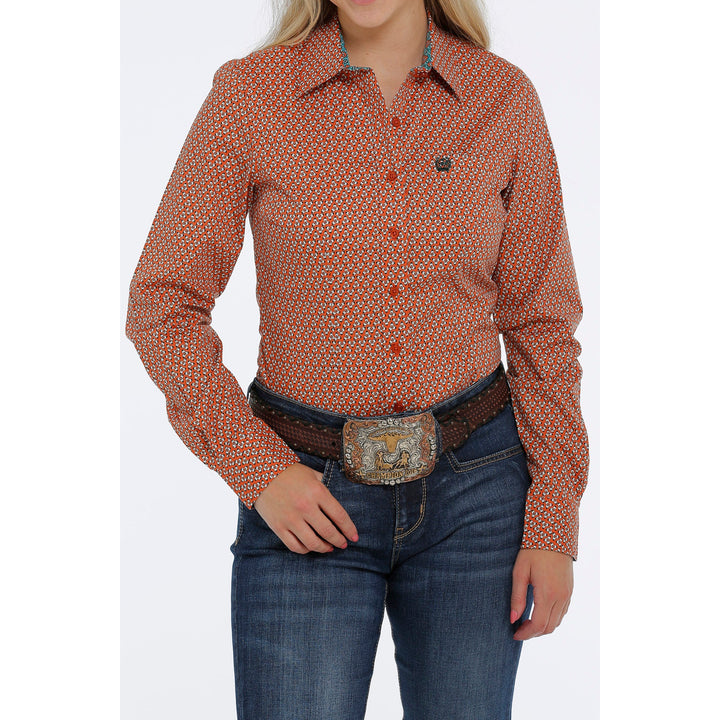 Cinch Women's Orange Geo Print Long Sleeve Western Shirt