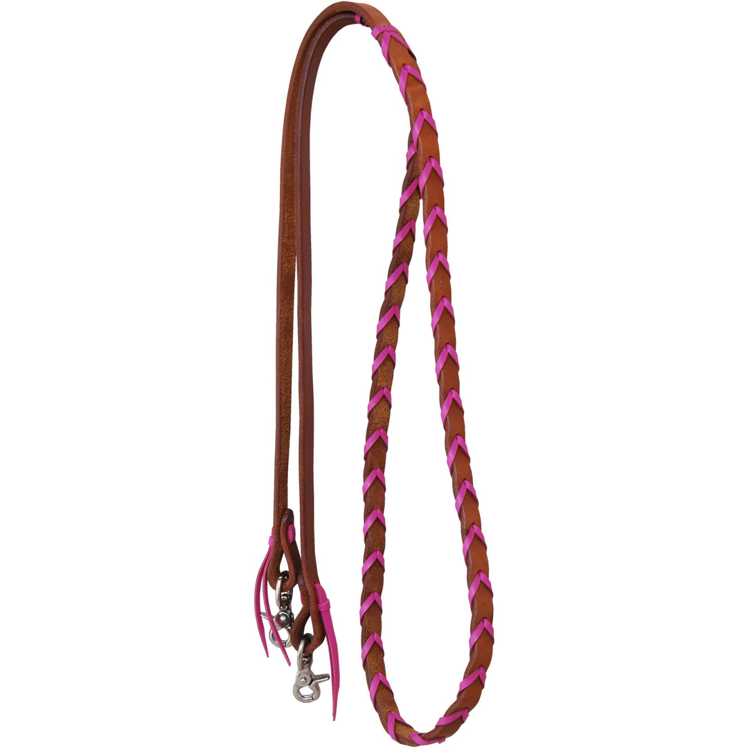 Rafter T Ranch Harness Leather Barrel Reins With Pink Platt