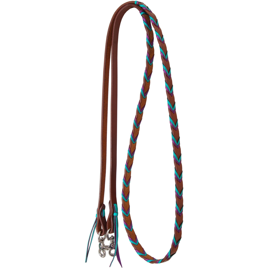 Rafter T Ranch Harness Leather Barrel Reins With Purple and Turquoise Platt