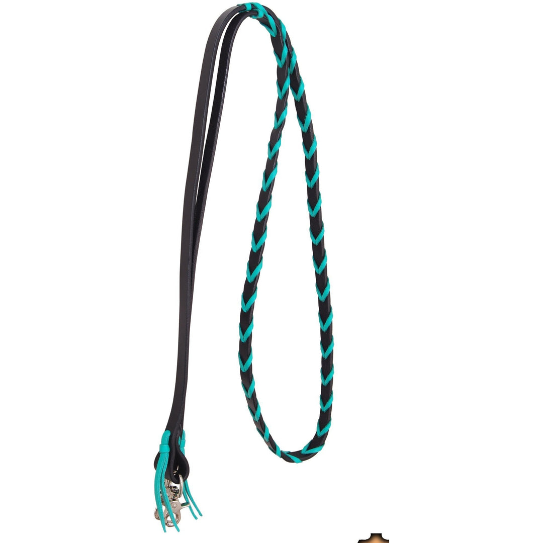 Rafter T Ranch Black Leather Barrel Rein with Turquoise Plait