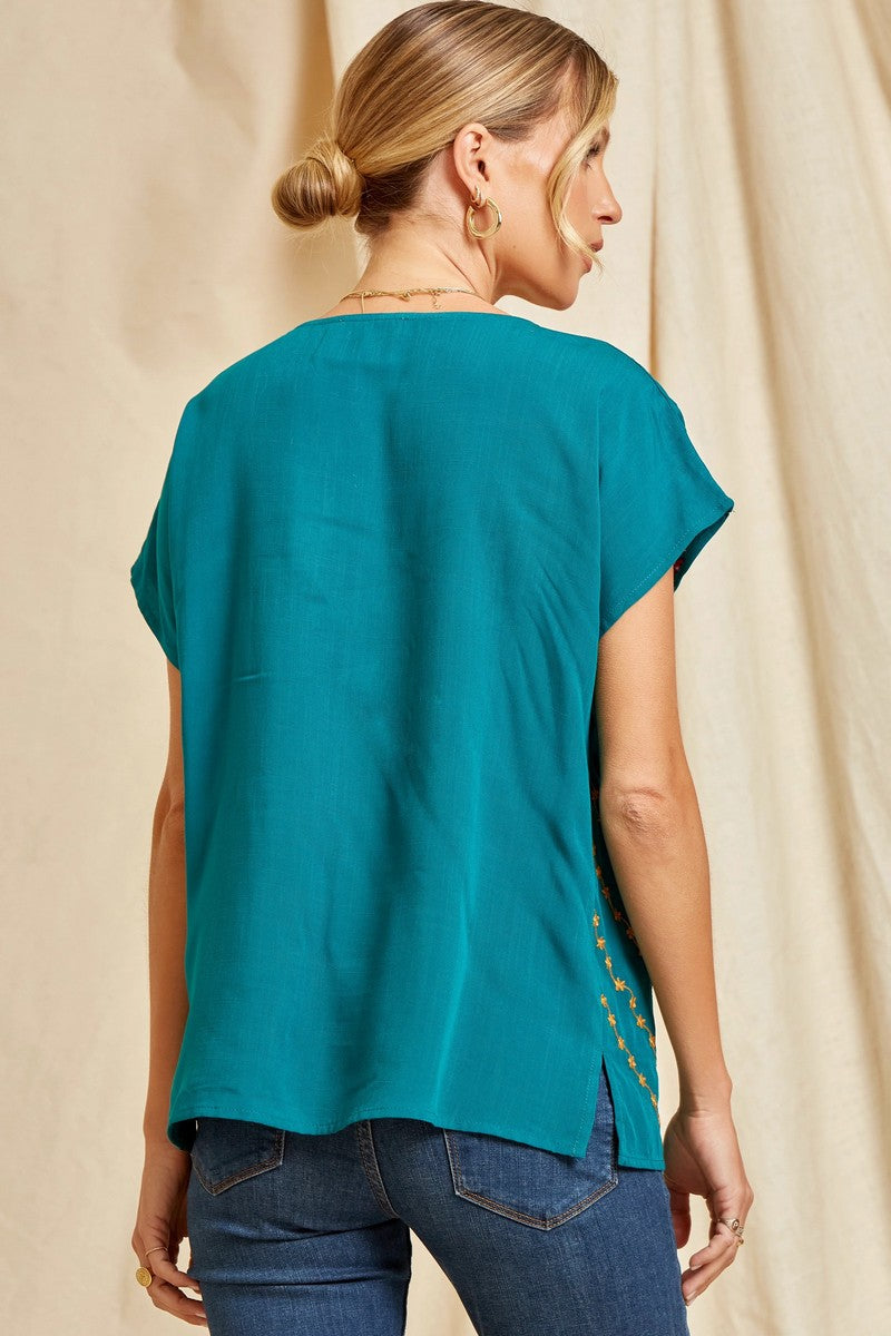 Savanna Jane Teal Classic Dolman Sleeve Embroidered Top