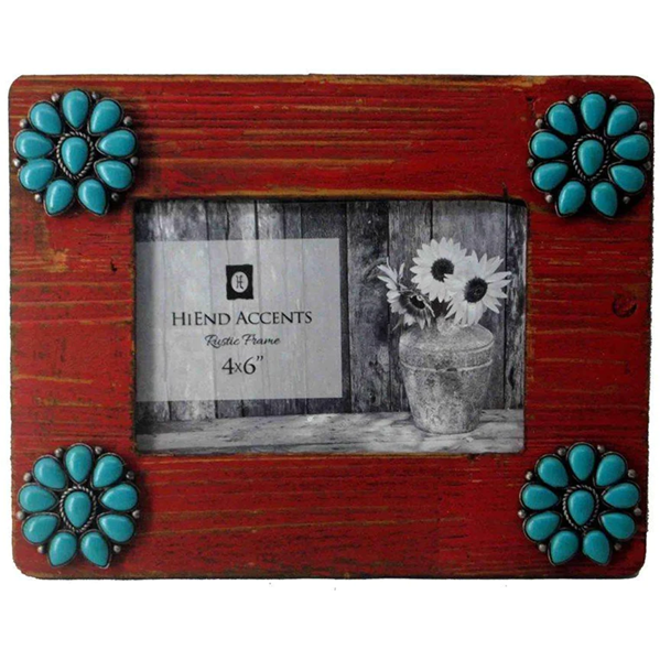 Red Picture Frame with Turquoise Squash Blossom Corners 4" x 6"