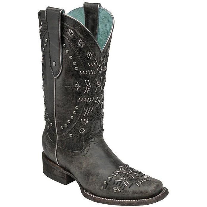 Corral Boots LD Black/Metallic Knitting & Studs Square Toe C2917 - West 20 Saddle Co.