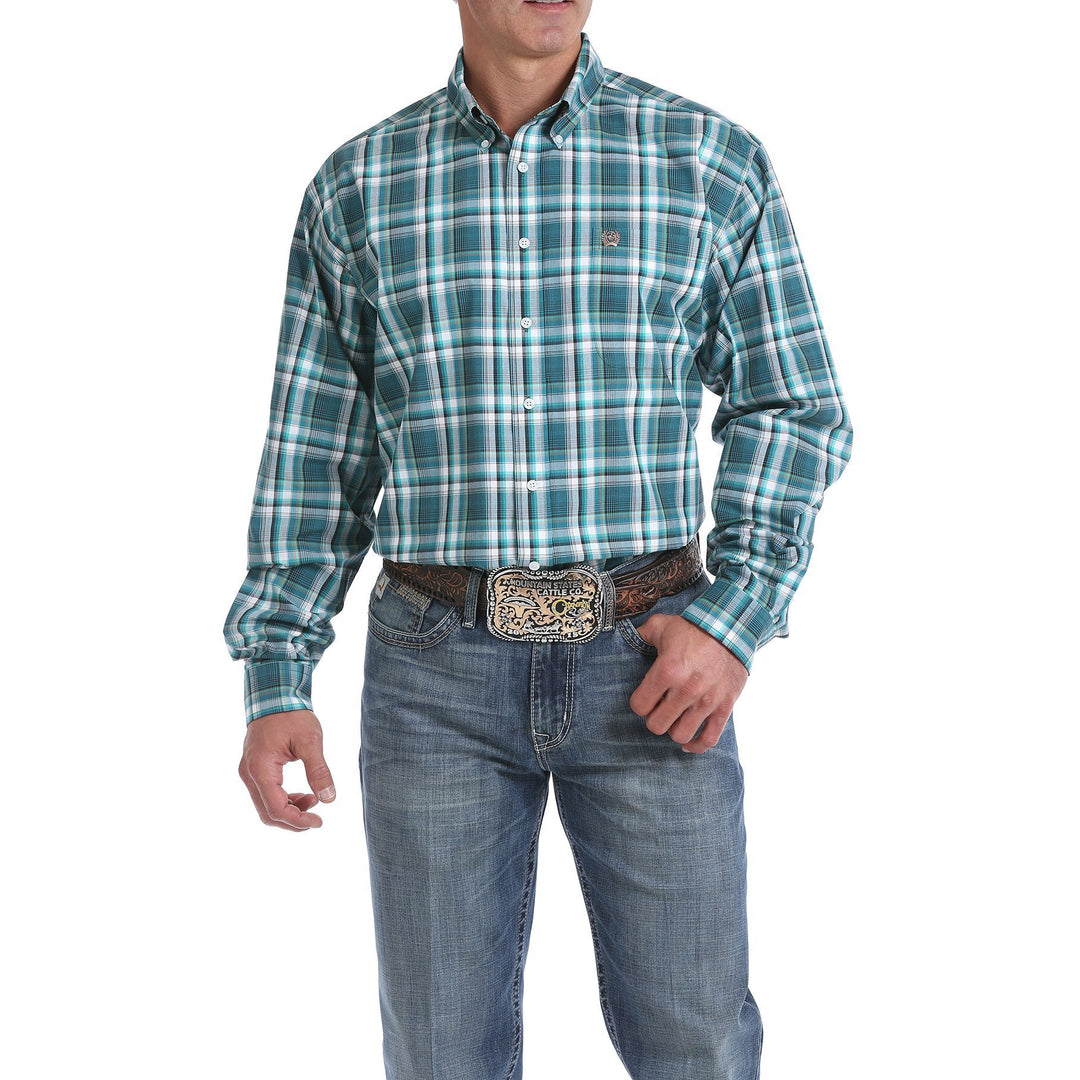 Cinch Men's Green, Khaki and White Plaid Button-Down Western Shirt