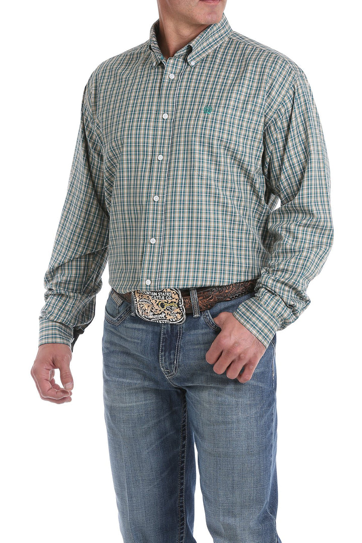 Cinch Men's Tencel Khaki and Green Plaid Button-Down Western Shirt