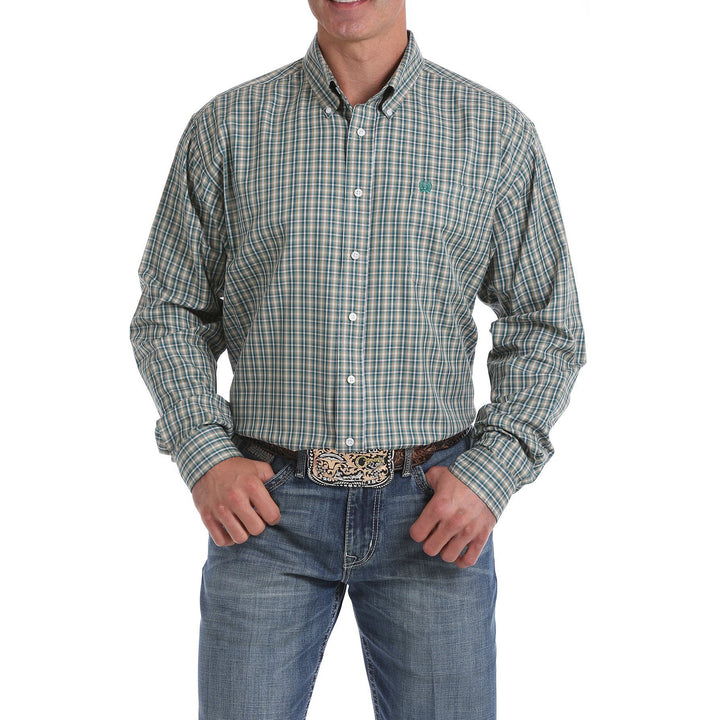 Cinch Men's Tencel Khaki and Green Plaid Button-Down Western Shirt
