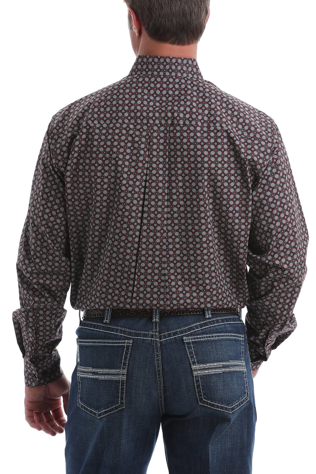Cinch Men's Geometric Print Button-Down Shirt-Grey, Black, White and Red